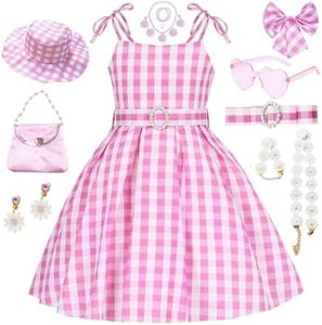 SZ-TONDA Girls Pink Plaid Costume Strap Dress - Kids 2023 Movie Cosplay Birthday Halloween Party Favors Outfit Clothes
