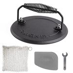 Cuisinel Grill Press + Chainmail Scrubber + Scraper - Cast Iron Burger, Bacon, Steak, Hamburgers Weight - 7.5" Diameter Round Pre-Seasoned Heavy Duty 4-lb Sandwich Maker - Griddle, BBQ Grill Accessory