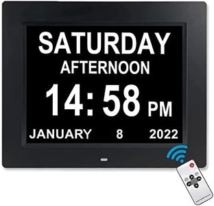 Upgraded Digital Calendar Alarm Day Clock - 8" Large Screen Display, am pm, 12 Alarm, Remote Control, for Extra Large Impaired Vision People, Aged Seniors, The Dementia, Desk, Wall Mounted (Black)