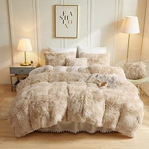LIFEREVO Luxury Fluffy Faux Fur Duvet Cover Set, Tie Dye Plush Fuzzy Duvet Cover Set(1 Print Shaggy Comforter Cover+2 Furry Pillow Shams)Bedding Set, Zipper Closure(Full/Queen, Off White/Light Beige)