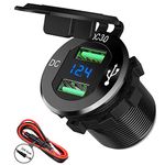 Quick Charge 3.0 Dual USB Charger Socket, SunnyTrip Waterproof Aluminum Power Outlet Fast Charge with LED Voltmeter & Wire Fuse DIY Kit for 12V/24V Car Boat Marine Motorcycle Truck Golf Cart and More3