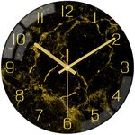 VIKMARI Black Modern Marble Texture Clock Gold Hands Rustic Kitchen Decor 12 Inch Wall Clocks Battery Operated Non-Ticking Large Round Quarz Golden Lines Decorative for Office Bedroom,Living Room