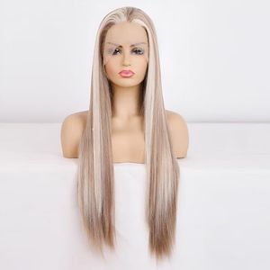 Long Straight Piano Color Mixed Blonde Lace Front Wig Light Brown Synthetic Wig Long Silky Straight Wig Heat Resistant Wig Free Part Wig Makeup Replacement Full Wig For Women Daily Wear 26 Inches