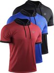 Neleus Men's Running Shirt 3 Pack Dry Fit Mesh Athletic Workout Shirts with Hoods, 5112 Black/Blue/Red,3 Pack, Small