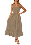 ZESICA Women's 2024 Summer Boho Spaghetti Strap Square Neck Solid Color Ruffle A Line Beach Long Maxi Dress, Khaki, Small