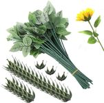 30Pcs Floral Wire Stem with Leaves and 30Pcs Artificial Flower Calyxes Set Plastic Rose Floral Wire DIY Craft Bouquet Plastic Flower Sepals Making Floral Arrangement Tools