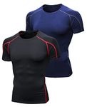 Niksa 2 Pack Short Sleeve Sports T-Shirts Mens,Compression Clothing Running Shirts Base Layers Top,Fitness Athletic Training Workout Gym Clothes for Men (L, Black Red&Navy Blue)