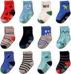 AMENLAN Toddler Non Slip Grips Socks Kids Anti Skid Baby Boys Girls Cotton Crew Socks 12 Pairs (Dinosaur B, 1-3 Years)