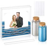 Sand Ceremony Kit for Wedding Includes Clear Acrylic Unity Sand Ceremony Photo Frame 2 Pack Sand Photo Fixing Corner Stickers and 2 Glass Unity Sand Holder for Wedding Home Decor (Blue, Gray)