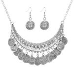 Gypsy Indian Jewelry Set Gold Indian Jewellery Sets Ethnic Carved Coin Necklace Earrings (B:Silver Necklace Earrings)