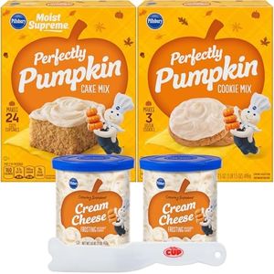 Pillsbury Holiday Bundle, 1 of each Perfectly Pumpkin Cake Mix, Pumpkin Cookie Mix, 2 Cream Cheese Frostings (Pack of 4) with By The Cup Spreader