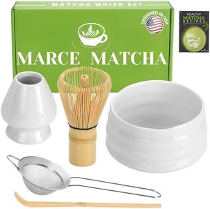 Marce Matcha Whisk Set- Matcha Set includes Matcha Whisk and Bowl (Matcha Bowl), Matcha Sifter, Matcha Whisk Holder and Matcha Scoop- The Perfect Bamboo Whisk for Matcha Tea (White)