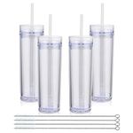 Volhoply 16oz Plastic Skinny Tumblers Bulk 4 Pack,Double Wall Tumbler with Lid and Straw,480ML Reusable Iced Coffee Mug,BPA Free Matte Acrylic Water Cups with Straw for Parties,DIY Gifts(Clear,4 Set)