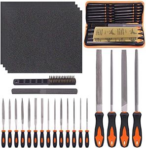 Glarks 25Pcs Hand Metal File Set Include 4Pcs Flat/Triangle/Half-Round/Round Large File, 12pcs Needle Files, 1 Brush, 4pcs Sandpaper and 4 Way Wood Rasp File for Shaping Metal, Wood, and Tools