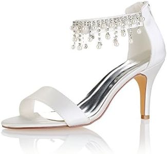 Emily Bridal Women's Silk Like Satin Stiletto Heel Peep Toe Sandals Bowknot Crystal (EU36/6.5 B(M) US, Ivory)