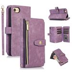 UEEBAI Case for iPhone SE 2022 5G/iPhone 7/iPhone 8/iPhone SE 2020, 9 Card Slots Retro Leather Wallet Shockproof Flip Cover with Hand Strap Card Slots Zipper Pocket Kickstand Magnetic - Vintage Purple