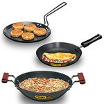 Hawkins Aluminium Futura 3 Pieces Cookware Set 2 - Hard Anodised Flat Tava, Frying Pan And Kadhai, Black (Aset2)