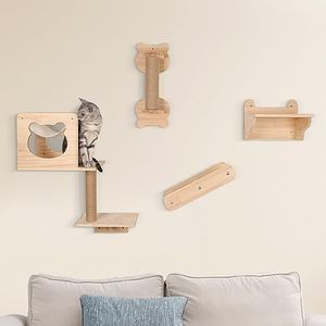 KELIXU Cat Wall Furniture Shelves and Perches, 6 PCS Wall Mounted Cat Climber Set Cat Furnitures - Natural Wood Cat Shelf with Cat House, Cat Hammock, Cat Shelves, Climbing Steps, Cat Scratching Post