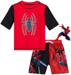 Marvel Avengers Boys’ Rash Guard Set – Spider-Man and Captain America – Kids’ UPF 50+ Swim Shirt and Trunks for Boys (3T-12), Size 10-12, Red/Black Spider- Man