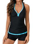 FLOMERIA Tankini Swimsuits for Women Halter Tummy Control Two Piece Bathing Suit with Boy Shorts Black Blue S