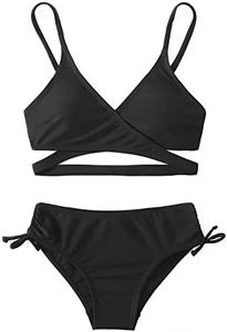 MIENOE Teen Girls' Swimsuits Two-Piece Swimsuit V-Neck Bikini Swimsuit Solid Color Adjustable Shoulder Straps Swimsuit Kids Black Bikini (Size 10-12Years)