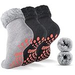 NOVAYARD Non Slip Grip Socks Warm Fuzzy Socks Winter Thermal hospital Slipper Socks for Women Men 3 Pairs 2Black+1Grey M