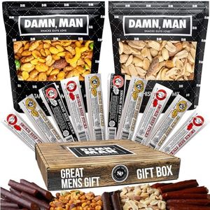 Beef Jerky Gift Basket for Men with Nuts - 12 pc, Great Gift for Dad, Husband, Birthday Gift for Men, Unique Snack Variety Pack or Care Package for Men Who Have Everything, Tastes Great with Beer