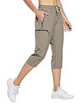 FitsT4 Women's Lightweight Hiking Capri Cargo Cropped Pants Quick Dry UPF 50+ Jogger with Zipper Pockets Khaki Size XS