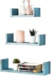 Greenco Set of 3 Floating “U” Shelves, Easy-to-Assemble Floating Wall Mount Shelves for Bedrooms and Living Rooms, Rustic Blue Finish