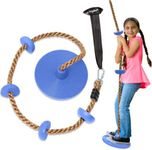 Jungle Gym Kingdom Tree Swing for Kids - Single Disc Seat and Brown Climbing Rope Set w/Carabiner and 4 Foot Strap - Treehouse and Outdoor Playground Accessories - Blue