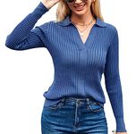 GRACE KARIN Women Lightweight Long Sleeve Tops Lapel Pullover Classic Jumper Hollow Pattern Casual Knitwear Sweatshirts Steel Blue L