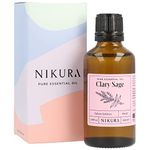 Nikura Clary Sage Essential Oil - 50ml | 100% Pure Natural Oils | Perfect for Aromatherapy, Diffusers, Humidifier, Bath | Great for Self Care, Stress Relief, Calming | Vegan & UK Made