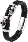 Anvy Lunda Double Row Skull Mens Bracelet, 316L Stainless Steel Cuff Bracelets for Men, Skeleton Braided Leather Punk Gothic Wristband Jewelry, 8.54inch, Braided Leather, stainless steel skull