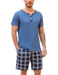 Irdcomps Men's Pyjamas Set Cotton Short Sleeves Pjs Loungewear Checked 2 Piece Nightwear Soft with Pockets Summer Sleepwear for Men A-Blue Sky，M