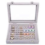 Kurtzy 7 slots of Grey Velvet Ring Jewellery Storage Display Box Tray with Lid - Showcase Organiser Case Holder with Clear Transparent Glass Lid for Rings, Earrings and Cufflinks