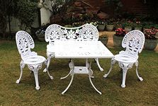 Art & Abode Regalia Series Rust Resistant Cast Aluminium Patio Furniture Sets 1 Square Table and 2 Chairs 1 Bench Set for Outdoor Indoor Balcony Garden Bistro Rooftop Bench