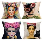 gircat 4 pcs Oil Painting Frida Kahlo Self-Portrait Cotton Linen Throw Pillow Case Car,Cushion Couch,Sofa,Bed Cover 18"x18",Pattern 1 (1)