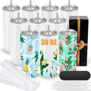 Joyclub Sublimation Tumblers 30 oz Blank Tumblers for Sublimation Skinny Bulk Double Wall Insulated Cups with Individually Gift Boxed and Shrink Wrap Films for Heat Transfer 10 Pack