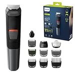 Philips 11-in-1 All-In-One Trimmer, Series 5000 Grooming Kit for Beard, Hair & Body with 11 Attachments, Including Nose Trimmer, Self-Sharpening Metal Blades, UK 3-Pin Plug - MG5730/33