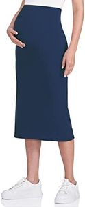 POSHDIVAH Women's Maternity Skirt Over The Belly Midi High Waisted Solid Stretchy Pregnancy Pencil Skirt Navy Blue Large