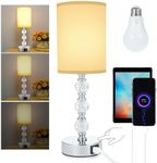 Lixada Bedside Table Lamp Luxury Crystal Touch Lamp Bedroom with 3 Way Dimmable Lamp with 3000K Warm Light Bulb Fabric Lampshade Desk Lamp with USB C+A Charging Port/AC Outlet for Living Room