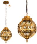 Flybling Dusk to Dawn Globe Outdoor Pendant Lights,Vintage Exterior Hanging Pendant Light Fixtures with Adjustable Chain, Aluminum Brass Outdoor Chandelier for Porch, Gazebo,with Sensor,Large