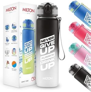 MILTON Plastic Gen'Z 1000 Water Bottle With Capacity Marker And Straw 1 Litre (Never Give Up) Unbreakable Motivational Bottle For Gym, Office, School Stylish Gym Bottle For Men & Women,Black