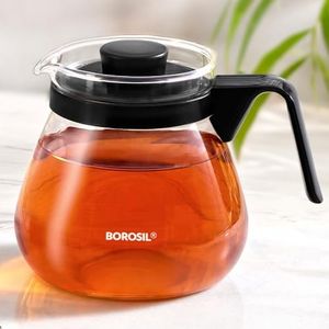 Borosil 1 Litre Carafe with Lid, Borosilicate Glass Kettle, Flame Proof, Microwave Safe, Transparent