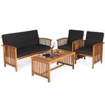 DORTALA Outdoor 4 Piece Acacia Wood Sofa Set w/Water Resistant Cushions, Padded Patio Seating Chat Set w/Coffee Table for Garden, Backyard, Poolside, Black