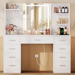 TEENFON Vanity Desk with Large Mirror & Adjustable LED Lights, Makeup Vanity with Power Strip & 5 Jewel Hooks, Dressing Table with 9 Drawers & 6 Open Shelves for Bedroom, White