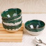 The Earth Store Studio Pottery Dual Tone White Green Ceramic Snack Bowls for Serving Pasta, Noodle, Maggi, Cereal Microwave Safe Salad Bowl, Mixing Bowl for Snacks-Set of 4