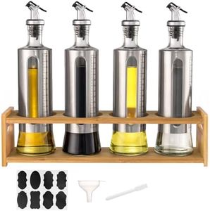 BPFY 4 Pack 17oz Glass Oil Dispenser Bottle, 500ml Olive Oil Dispenser Bottle with Shelf, Oil and Vinegar Dispenser Set Wrapped in Stainless Steel Shell with Pourers, Funnel, Pen, Labels