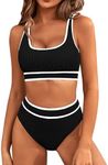 BMJL Womens Tummy Control Swimsuit High Waisted Two Piece Bikini Sets Athletic Color Block High Cut Swimwear(M,Black Ribbed)