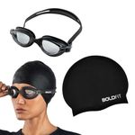 Boldfit Swimming Cap & Goggles Set for Men Unisex Swimming Cap for Men & Swimming Goggles for Men Set Silicone Swimming Cap for Women with Goggles Set Adjustable Strap for Training Swim Set Black
